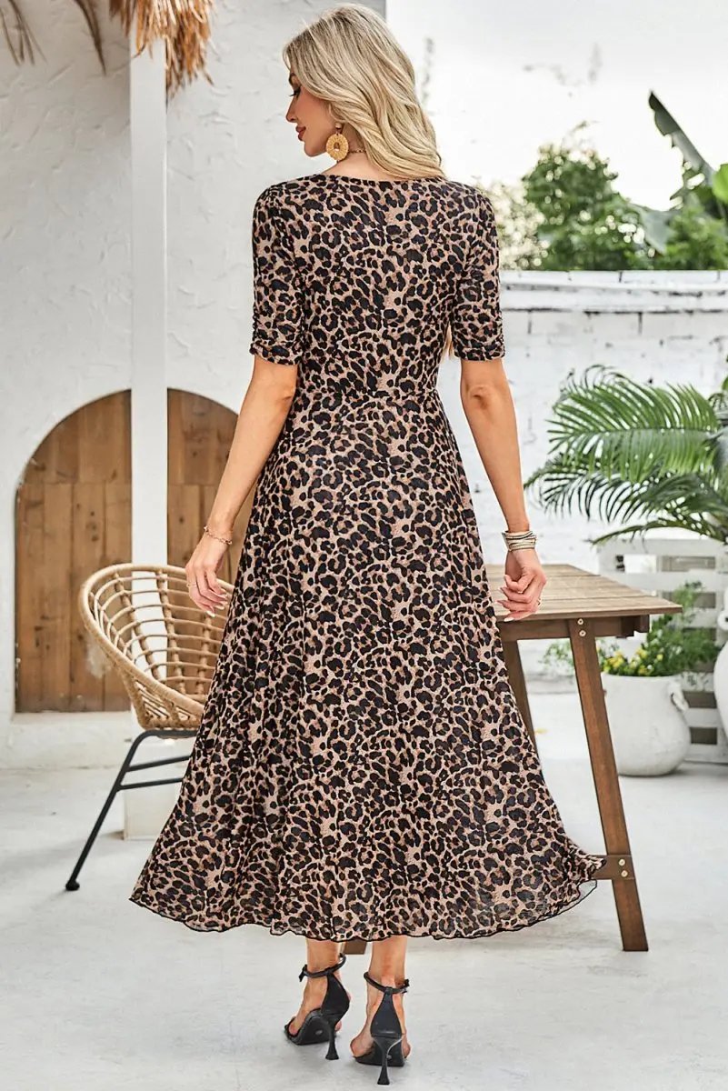 Brown Mesh Leopard Floral Reversible V Neck Short Sleeve Dress - Love Salve